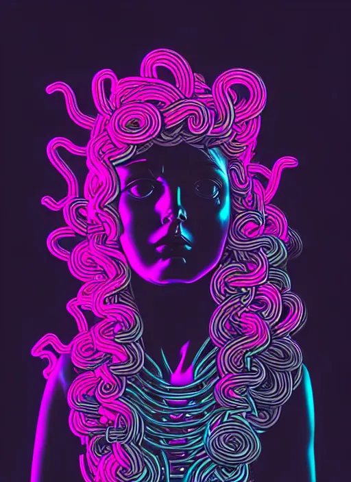 Image similar to statue of medusa, beeple, android jones, ( ( ( ( ( dan mumford ) ) ) ) ), vaporwave, retrowave, black background, neon wiring, black, glitch, strong contrast, cuts, pinterest, trending on artstation