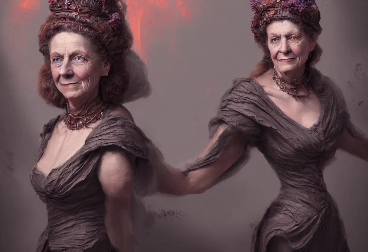 Image similar to beautiful render of my aunt beatrice painted by my neighbour adam who has a sister which is a lousy magician, a terrible cook and but has great body. fantasy matte painting, concept art, cinematic, beautiful illustration, detailed, award winning photography, masterpiece