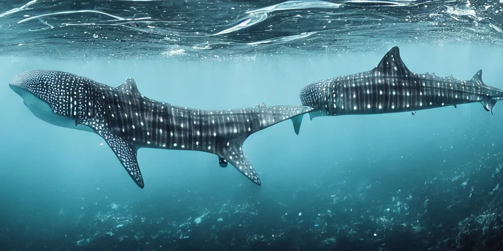 Image similar to hyperrealistic underwater photography, panoramic picture of an ocean floor with in the distance are some whale sharks. focus on the sharks. the sharks are anatomically correct and highly detailed. lots of bubbles. seaweed and some rocks. gloomy scattered light entering from the water surface, trending on artstation, hq, 4 k