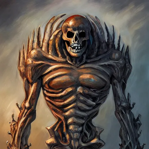 Prompt: the skeleton titan, scourge of them all, ominous, sublime, oil painting, intricate complexity, rule of thirds, in the style of Adam Paquette, Svetlin Velinov, Daarken, Artgerm, Keith Thompson, and Eric Deschamps, magic the gathering art, character concept