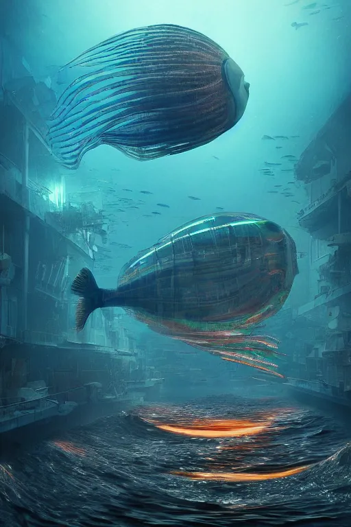 Image similar to hyperrealistic precisionist cinematic underwater dystopian futurist city ruins with giant bioluminescent multicolored mutant fish and cyborg jellyfish, digital art masterpiece, aykut aydogdu eric zener, very dramatic volumetric light, long shot, ground angle uhd 8 k, deep focus