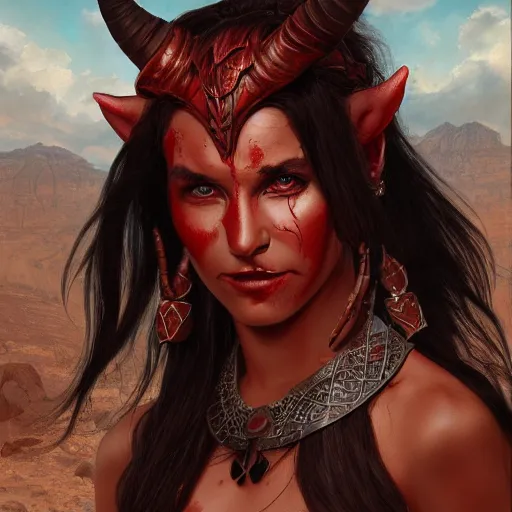Prompt: portrait of a female berber tiefling with red skin, devil horns and black hair wearing a steel chestplate in a desert, fantasy, highly detailed, digital painting, artstation, concept art, character art, art by greg rutkowski and tyler jacobson and alphonse mucha