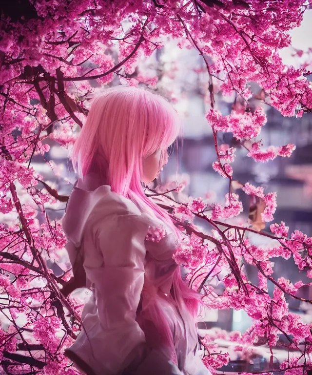 Light pink short hair anime girl surrounded by Sakura cherry blossom trees  - AI Generated Artwork - NightCafe Creator