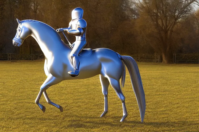 Prompt: knight horse, chrome, reflect, ultra realistic!!!, clear weather, golden hour, sharp focus