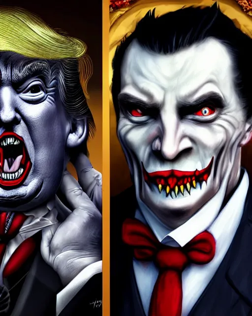 Prompt: photo of donald trump as dracula, character portrait, close up, concept art, intricate details, highly professionally detailed, cgsociety, highly detailed in the style of otto dix and h. r giger
