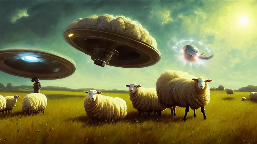 Prompt: sheep in a field being abducted by a ufo!, horror cartoon, highly detailed, digital painting, artstation, concept art, smooth, sharp focus, illustration, art by simon bisley and greg rutkowski and alphonse mucha