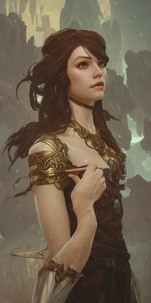 Image similar to a portrait of Norse queen, highly detailed, digital painting, artstation, concept art, sharp focus, illustration, art by artgerm and greg rutkowski and alphonse mucha