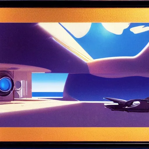 Image similar to golden shores of a blue dreamy ocean, sci - fi, daylight, blue sky, cinematic lighting, cinematic perspective, syd mead, john harris