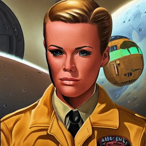 Image similar to character concept art of heroic square - jawed emotionless serious blonde butch woman aviator, with very short butch slicked - back hair, wearing brown leather jacket, standing in front of small spacecraft, alien 1 9 7 9, illustration, science fiction, retrofuture, highly detailed, colorful, realistic, graphic, ron cobb, mike mignogna