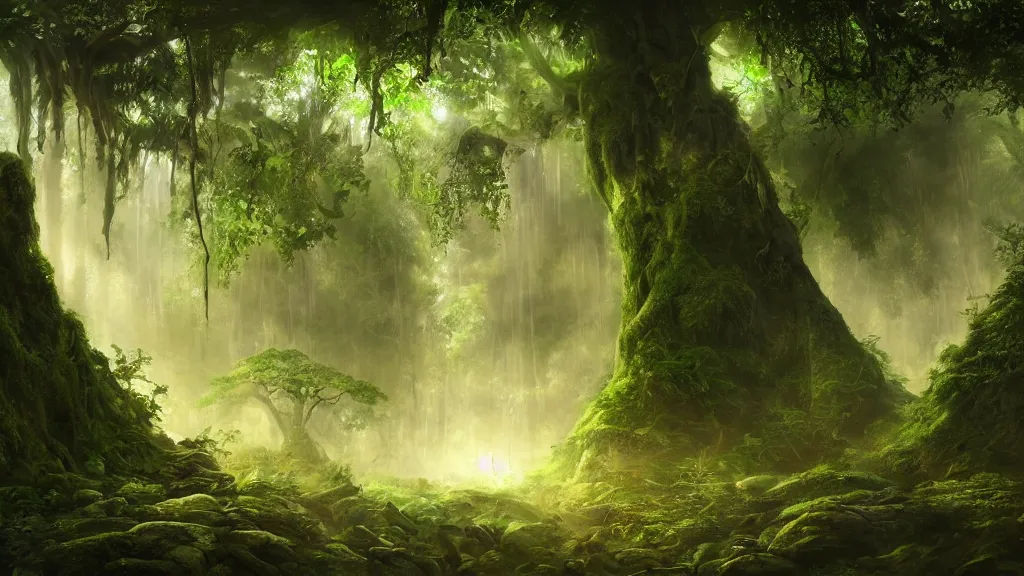 Prompt: ancient magical rainforest, dramatic, ultra - wide angle, long exposure, ultra - hd, beautiful lighting, ray tracing global illumination, in a symbolic and meaningful style, the birth of consciousness, trending on artstation, concept art, hyper realism