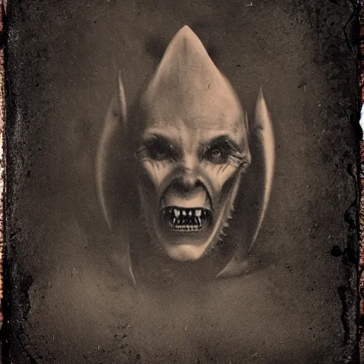 Image similar to demonic shark as human, portrait, tintype, creepy, real.