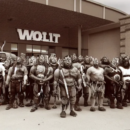 Prompt: orcs standing outside of a Walmart, protesting the working conditions, High detail, 1998