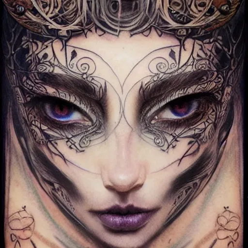 Image similar to Extreamly beautiful Eyes, Luis Royo, tattooed face, Hypnotic Eyes, Emotional Eyes, by Annie Swynnerton and Nicholas Roerich and jean delville, glowing paper lanterns, strong dramatic cinematic lighting , ornate tiled architecture, lost civilizations, smooth, sharp focus, extremely detailed