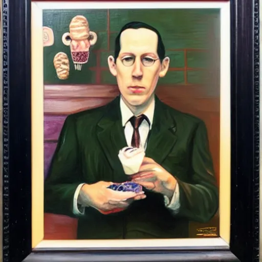 Prompt: howard philips lovecraft consuming an ice cream, realistic painting, award winning