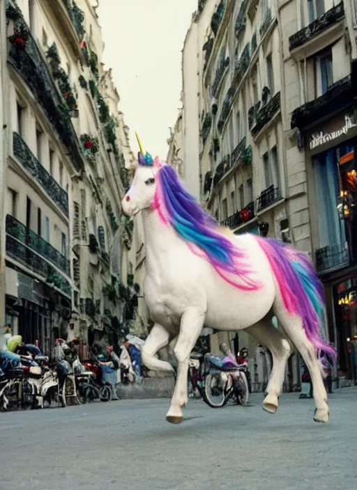 Prompt: a unicorn in paris with a cabbage and a cat out flying out of its horn, canon 5 d 5 0 mm lens kodachrome