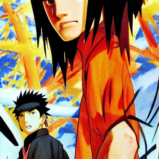 Image similar to photorealistic picture, by bob peak and alex ross, naruto movie poster, in 1 9 8 4, gouache and wash paints, fine details, fine intricate, fine facial proportionate, fine body proportionate, fine fix broken line, fine fix duplicate line, smooth focus, sharp details, bokeh, 4 k, 5 k extremely details