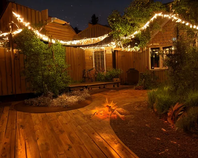 Prompt: a still photo of a backyard at night with fairy lights, house on the left side with wooden flooring, warm lighting