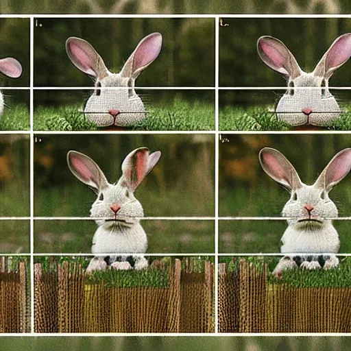 Prompt: a rabbit jumping up over a fence, shown as a film strip showing sequential stills starting from time 0 : 0 0 from the video clip in a grid