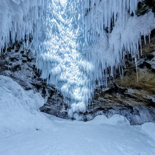 Image similar to snow cave under a snow patch with a stream running through it, light filtered through