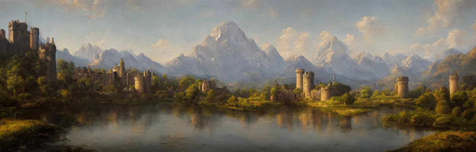 Prompt: landscape painting of multiple large interconnected castles,moat,mountains,oil canvas,by Paul Bril,masterpiece,high quality,pretty,fantasy,impossible