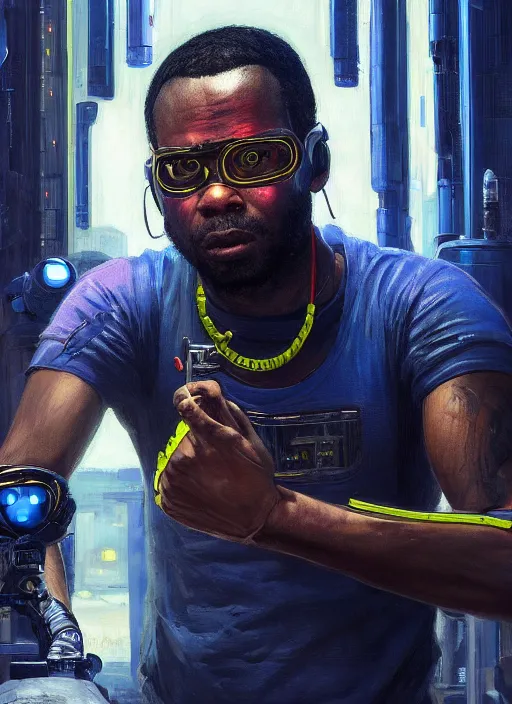 Image similar to Chidi Igwe. Strong Cyberpunk mechanic with robotic legs. (Cyberpunk 2077, bladerunner 2049). handsome face. Iranian orientalist portrait by john william waterhouse and Edwin Longsden Long and Theodore Ralli and Nasreddine Dinet, oil on canvas. Cinematic, vivid colors, hyper realism, realistic proportions, dramatic lighting, high detail 4k