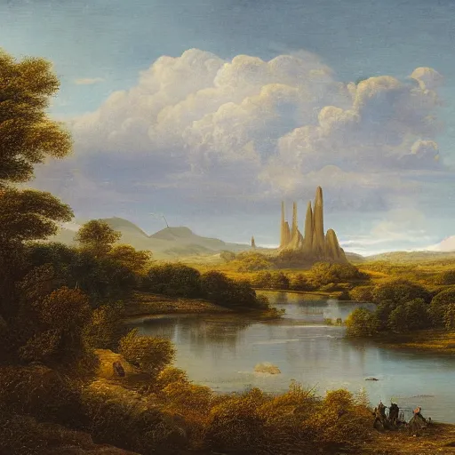 Image similar to a wide angle landscape of a prairie with a very large thin spire mountain in the distance and a wide river running in the middle of the frame with a city upon the river in the style of rococo digital painting