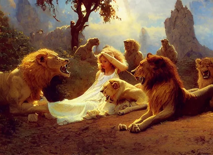 Prompt: a couple in love feeding the lions while a man lies dead on the ground, highly detailed painting by gaston bussiere, craig mullins, j. c. leyendecker