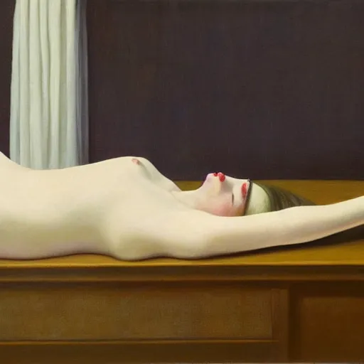 Image similar to Painting of Elle Fanning performing necromancy, long blonde hair, delicate, pale milky white porcelain skin, by Edward Hopper. 8K. Extremely detailed.