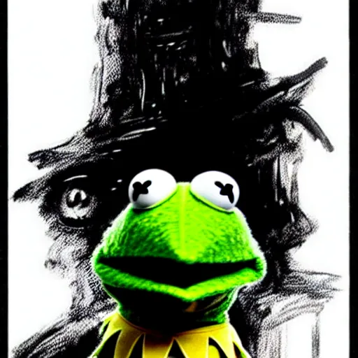 Prompt: Kermit the Frog looking sinister, Sesame Street, by Tsutomu Nihei, highly detailed