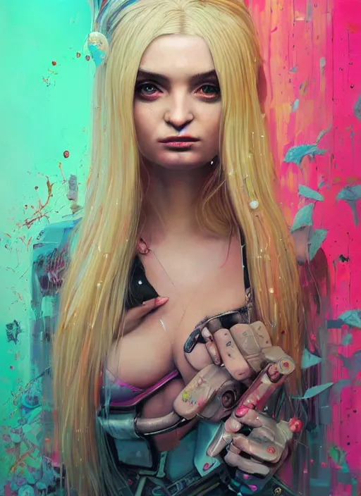 Image similar to beautiful portrait of Lofi cyberpunk Kim Petras, by Tristan Eaton, Stanley Artgerm, Tom Bagshaw, Greg Rutkowski, Carne Griffiths. trending on DeviantArt, face enhance, hyper detailed, trending on Artstation, 8k, masterpiece, graffiti paint, fine detail, full of color, intricate detail, golden ratio illustration