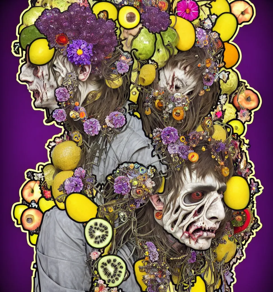 Prompt: bodyshot of a trickster nature spirit, leather jacket, zombie rock star, head made of fruits and crystals and flowers in the style of guiseppe arcimboldo, art by alphonse mucha, deep focus, mystical, surreal, detailed, pop art, gray and yellow and purple, rainbow stripe background
