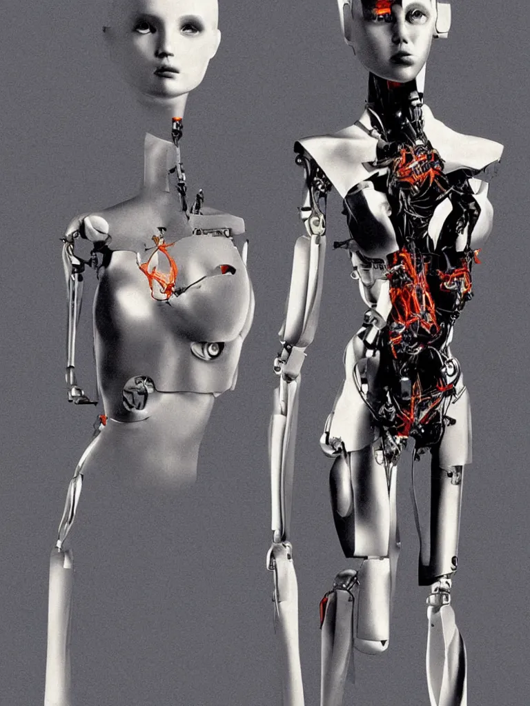 Image similar to science - fiction concept art digital drawing, by chris foss and chris moore and vincent di fate, of a beautiful cybernetic cyborg woman mannequin, with part biological eyes and heart, and exposed wiring, diagonal mid shot of head and torso, she has a sombre expression on her face