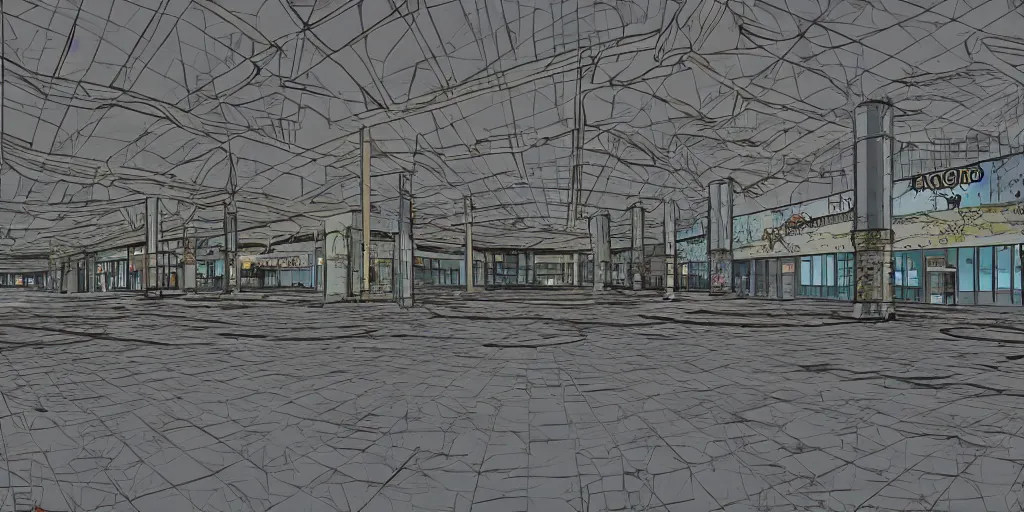 Prompt: abandoned mall at night, subtle wear - and - tear, anime!, award - winning digital art