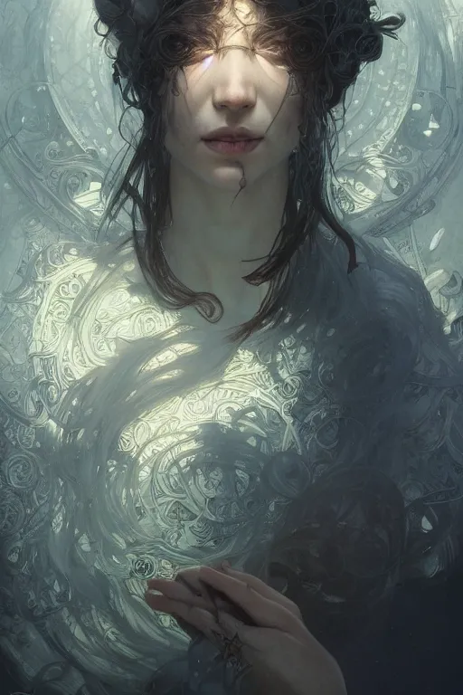 Image similar to A full portrait of a powerful dystopian blind dreamer techromancer sorcerer enchanter, intricate, elegant, highly detailed, digital painting, artstation, concept art, smooth, sharp focus, illustration, art by Krenz Cushart and Artem Demura and alphonse mucha