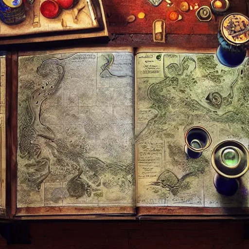 Prompt: hyper real, table, ancient map, wizards laboratory, tony sart, mortar, pestle, scales, energy flowing, magic book, beakers of colored liquid