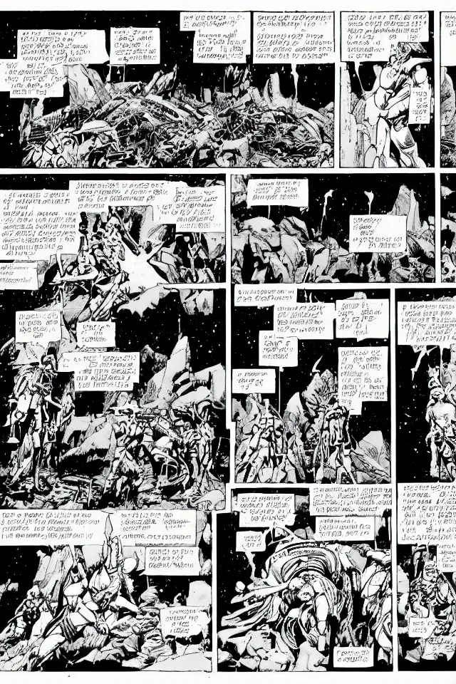 Image similar to comicpage with panels and speech balloon by Moebius showing the fall of the city of Babylon