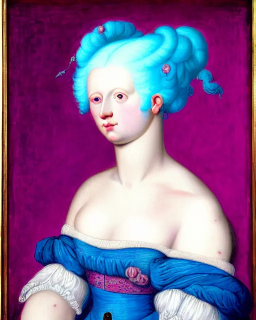 Prompt: photo-realistic portrait of an albino woman with pink hair, wearing a neon blue dress by Vivienne Westwood, intricate details, masterpiece, in the style of Jean Auguste Dominique Ingres, black background