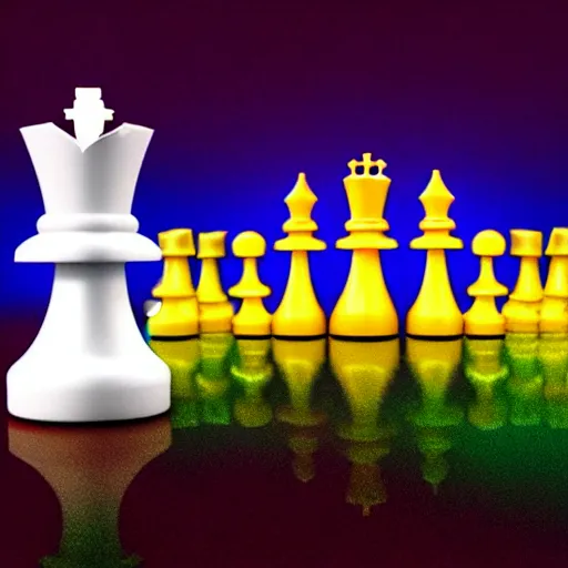 Image similar to a stunning 3 d simulation of a white chess piece exploding with colorful laserbeams, black background, 4 k