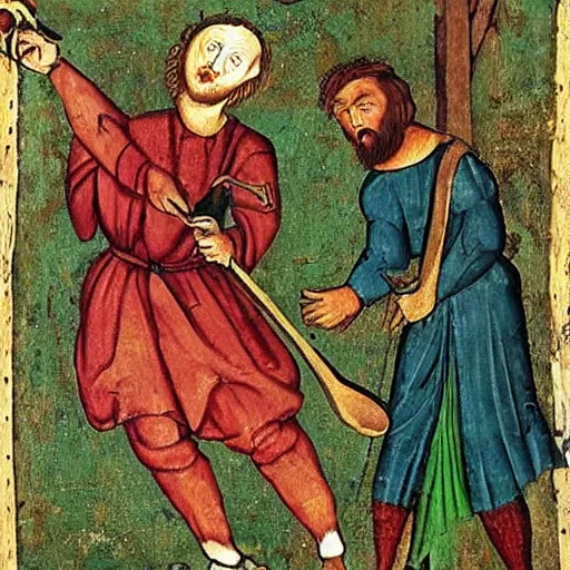 Prompt: a completely green man swinging a frying pan, medieval painting