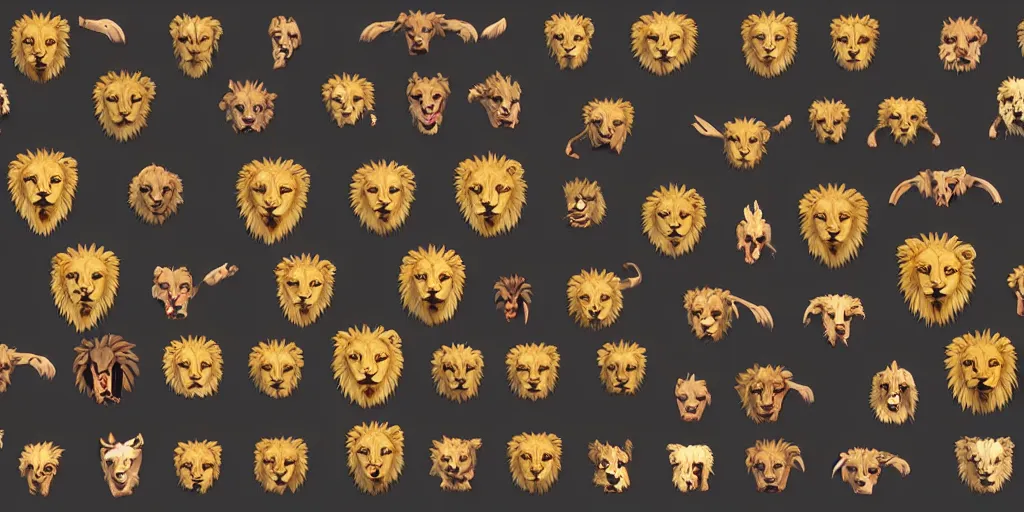 Prompt: game asset of unique lion heads on black background, organic, cartoon colors, thick black lines, 2 d sprites, 8 k, close up