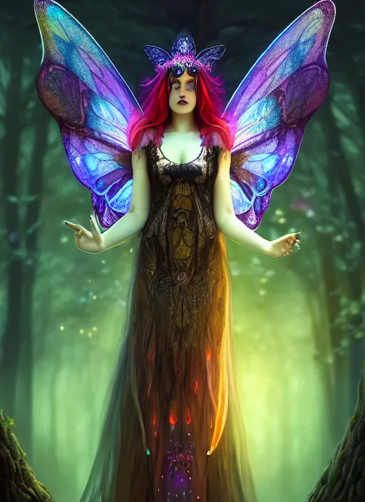 Image similar to stunningly beautiful female faerie priestess in amanita muscaria forest landscape, symmetrical wings on back, neon hair, fantasy art, wearing a dress of gossamer black, inner glow, illustration, dramatic lighting, soft details, painting, art nouveau, octane render, 8 k, hd, by edmund blair leighton, brom, charlie bowater, faces by otto schmidt
