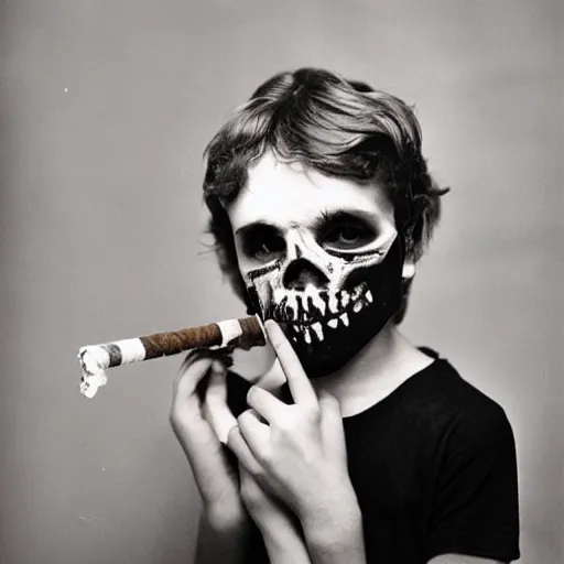 Image similar to teenage boy with skull mask smoking by sally mann