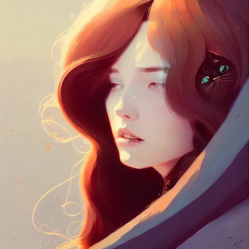 Image similar to beautiful artistic - wave highly detailed portrait female, with cat ears, long red hair, by atey ghailan, by greg rutkowski, by greg tocchini, by james gilleard, by joe fenton, by kaethe butcher, dynamic lighting, gradient light blue, brown, blonde cream and white color scheme, grunge aesthetic