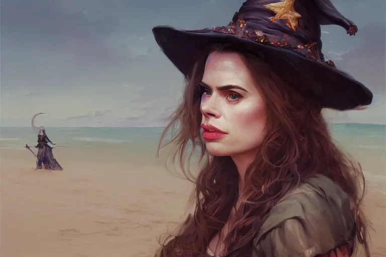 Image similar to A portrait of a 25 year old Hayley Atwell as a witch on a beach by Ruan Jia and Mandy Jurgens and Artgerm and william-adolphe bouguerea, highly detailed, trending on artstation, award winning, H 768