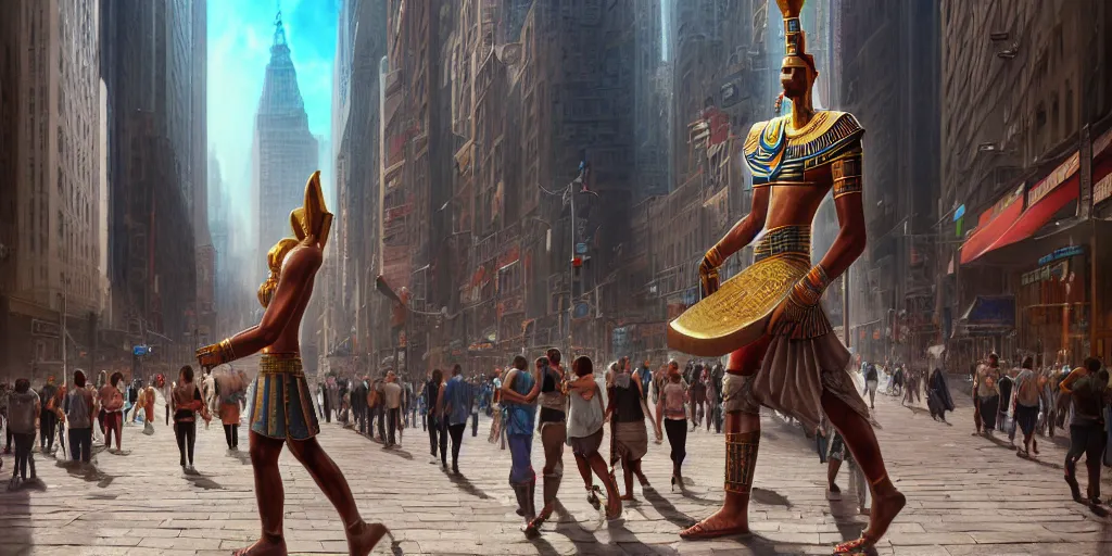 Image similar to an egyptian god walking the streets of new york, digital art, landscape, fantasy art, octane render, unreal engine, high detail, very realistic, by ross tran. by james gurney