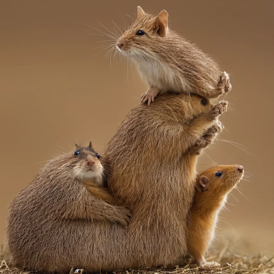 Prompt: a harvest mouse sitting on top of a cat sitting on top of a capybara, high definition, national geographic, award winning, god rays, 8k, 35mm wide angle photograph