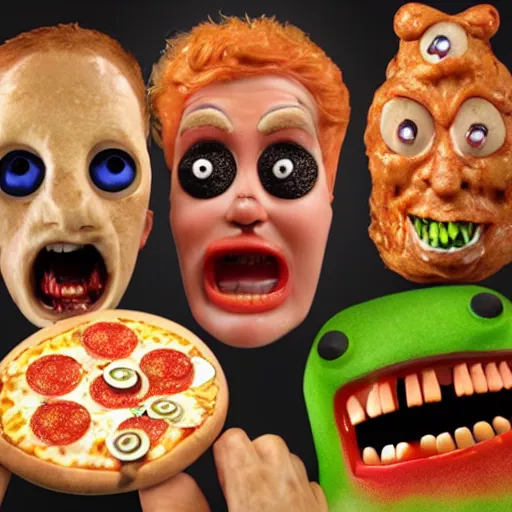 Prompt: pizza, toppings made out of teeth and hair and eyes, terrifying, photorealistic, cinematic, 3d high octane render, horrendous, ugly