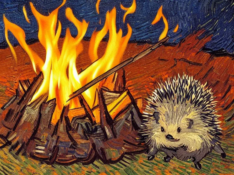 Image similar to a detailed painting of a hedgehog toasting marshmallows on a campfire by van gogh. Oil painting. Trending on artstation. 8k