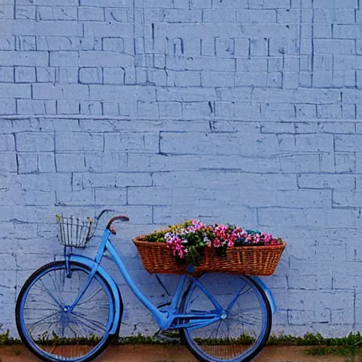 Image similar to a baby blue bike with a flower basket and white tires standing sideways next to a brick red wall, centered, matte painting, dusk, fashion, by rozalski and peter ilsted, artstation