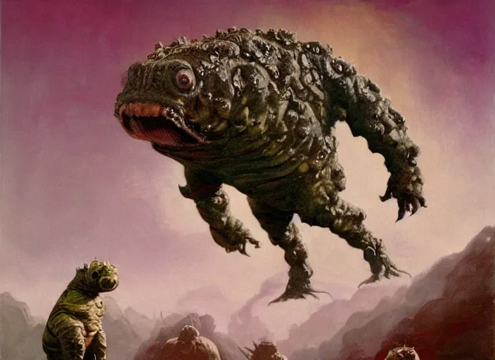 Image similar to realistic painting of a tardigrade kaiju, walking wide angle, by frank frazetta, by georgia o keeffe, by amano, slimy, reflective, scales,, big globule eye, godzilla, vintage poster retro,, oil painting, tonalism, fantasy, crispy, dune, cinematic, japanese art, tonalism